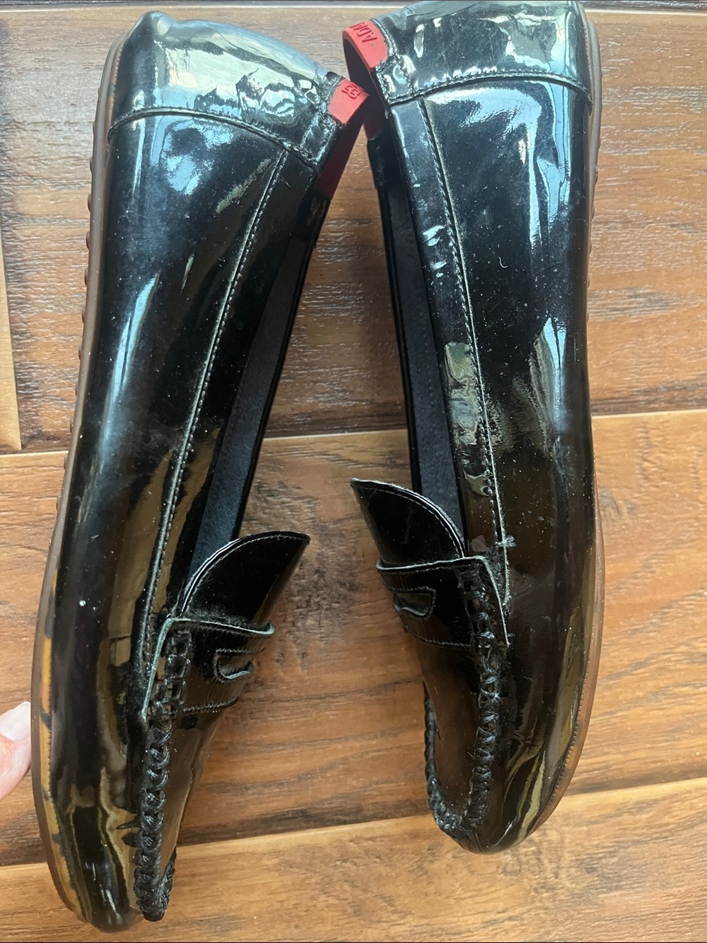 Adam Tucker Black Patent Loafers with Red Heel Accent